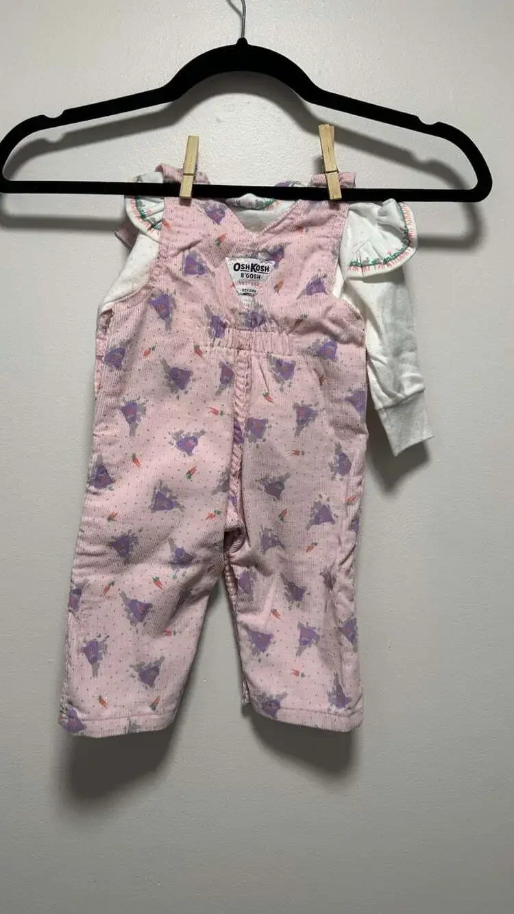Vintage Oshkosh Pink Baby Girl Bunny Overalls & Long Sleeve Bunny Bodysuit 3-6M